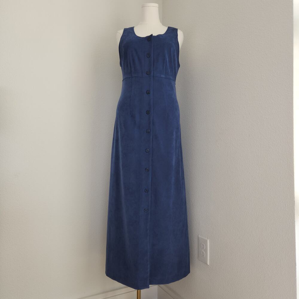 Vintage 90s Stephanie Erin Blue Faux Suede Sleeveless Midi Button Front Dress M